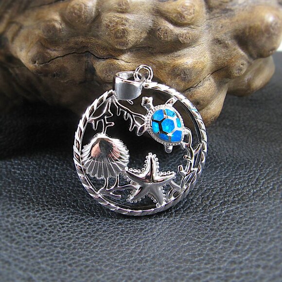 Solid 925 Sterling Silver Opal Sea Life Pendant - Blue or White Opal Gemstone - Picture 1 of 8